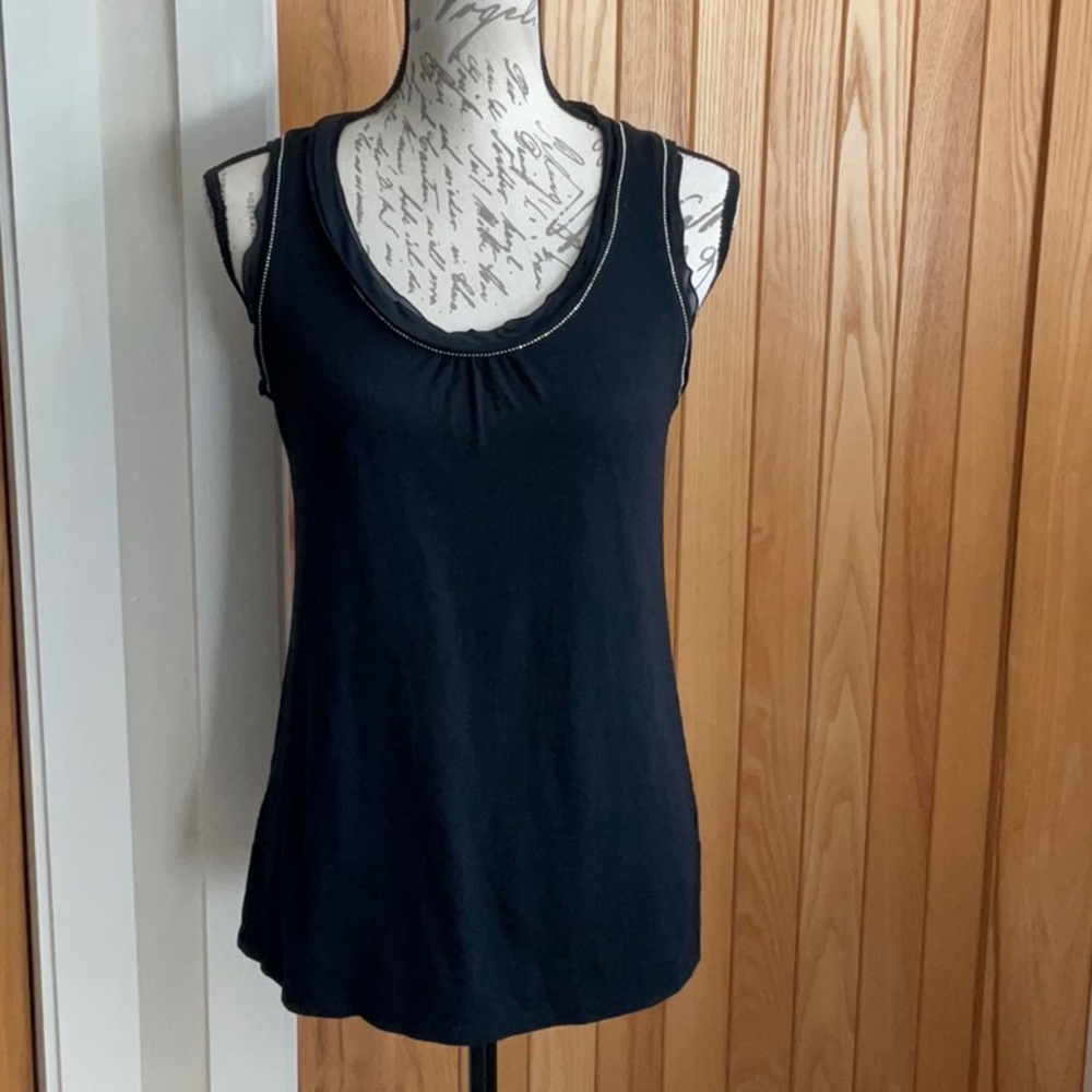 J Jill Women’s Black Tank w/ Gold-Bead & 100% SILK Chiffon Trim Size S